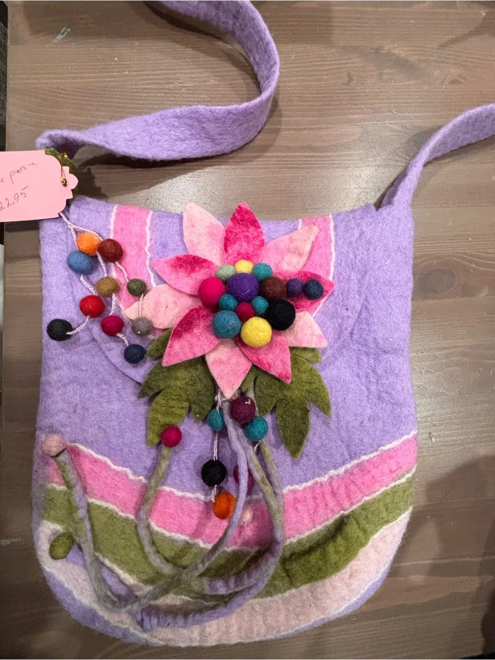 Handcrafted Lavender Felt Crossbody Bag with Pink Flower Motif